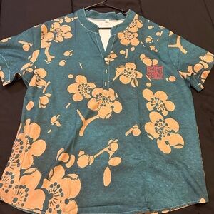 Floral Teal and Peach Short Sleeve Shirt